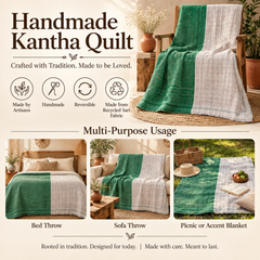 Emerald Green & White Vintage Kantha Quilt Handmade Heavy Cotton Reversible Blanket – 65x85 Inches