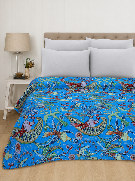 Turquoise Blue Bird Print Handmade Cotton Vintage Quilt