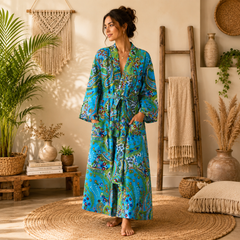 Women's Turquoise Paisley Cotton Kimono Robe | Lightweight Boho Long Robe with Belt & Pockets