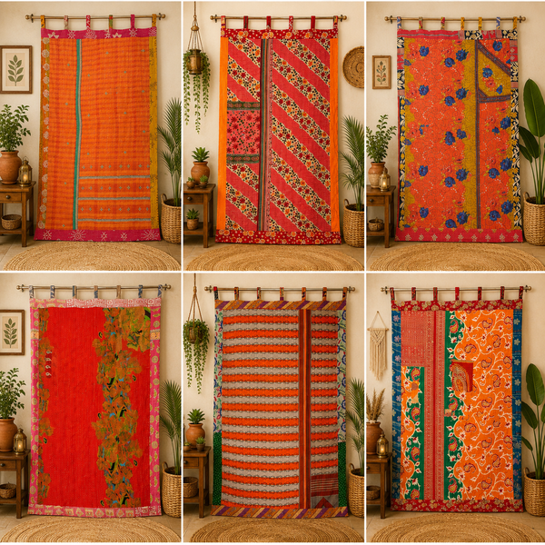 Orange Kantha Patchwork Curtain, Vintage Recycled Sari Door Curtain, Handmade Boho Window Panel, Colorful Indian Tapestry, Assorted Decor