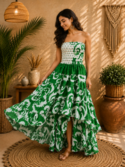 Vintage floral Strapless High Low Maxi Dress for Women | Handmade Upcycled Sari Dress | Boho Smocked Summer Dress | Festival Beach Vacation Outfit