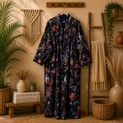Boho Floral Cotton Kimono Cardigan for Women | Long Open Front Lightweight Robe with Pockets