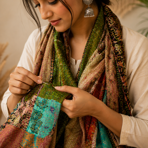 Multicolor Reversible Patchwork Silk Kantha Stich 5 Pcs