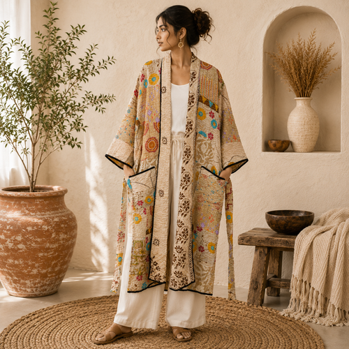 Patchwork Bath Robe | Vintage Kantha Cotton Kimono | Cotton Robe | Night Wear Suit | Long Cotton Robe (13 Colour Option Available)