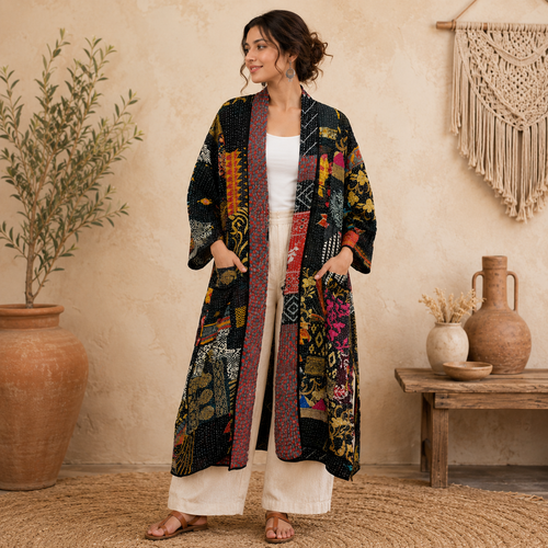 Patchwork Bath Robe | Vintage Kantha Cotton Kimono | Cotton Robe | Night Wear Suit | Long Cotton Robe (13 Colour Option Available)