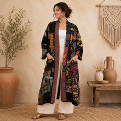 Patchwork Bath Robe | Vintage Kantha Cotton Kimono | Cotton Robe | Night Wear Suit | Long Cotton Robe (13 Colour Option Available)