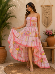 Vintage floral Strapless High Low Maxi Dress for Women | Handmade Upcycled Sari Dress | Boho Smocked Summer Dress | Festival Beach Vacation Outfit