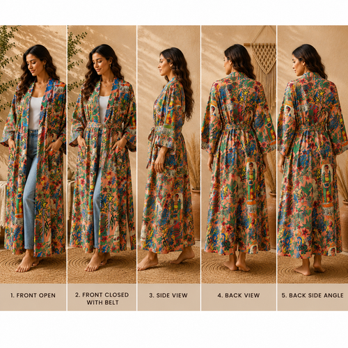 Peach Tropical Cotton Kimono Cardigan for Women | Long Boho Open Front Robe with Pockets