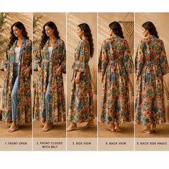 Peach Tropical Cotton Kimono Cardigan for Women | Long Boho Open Front Robe with Pockets