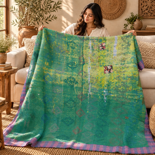 Turquoise Green Vintage Kantha Quilt Handmade Cotton Throw Blanket with Lime Green Floral Print – 60x90 Inches