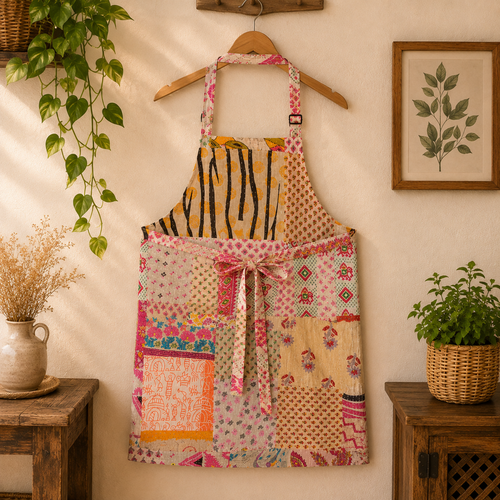 Vintage Kantha Patchwork Apron 1 Pc, Handmade Cotton Cooking Apron, Boho Recycled Sari Kitchen Apron, Indian Quilted Craft Apron