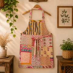 Vintage Kantha Patchwork Apron 1 Pc, Handmade Cotton Cooking Apron, Boho Recycled Sari Kitchen Apron, Indian Quilted Craft Apron
