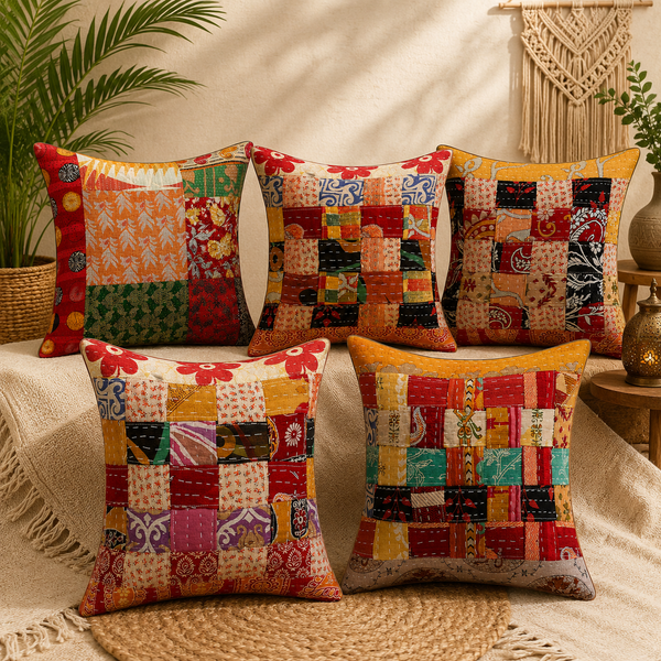 Vintage Kantha Patchwork Pillow Cover 18x18 inches, Handmade Indian Cushion Case, Recycled Sari Boho Throw Pillow, Colorful Rustic Home Decor