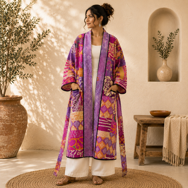 Indian Handmade Vintage Kantha Kimono Robe, Purple Patchwork One Size Robe
