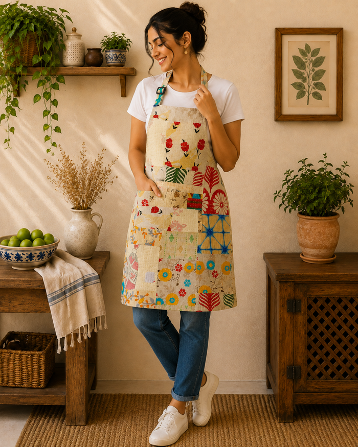 Vintage Kantha Patchwork Apron 1 Pc, Handmade Cotton Cooking Apron, Boho Indian Kitchen Apron, Recycled Sari Adjustable Apron with Pocket