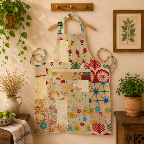 Vintage Kantha Patchwork Apron 1 Pc, Handmade Cotton Cooking Apron, Boho Indian Kitchen Apron, Recycled Sari Adjustable Apron with Pocket