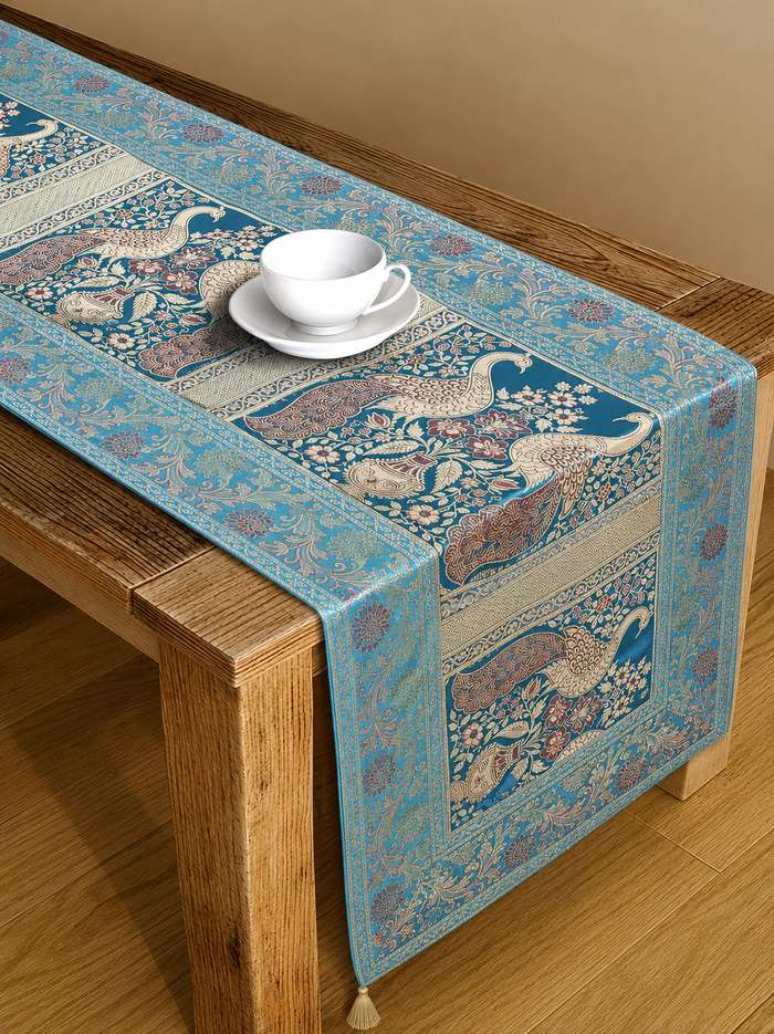Peacock Turquoise Embroidered Brocade Unique Table Decor
