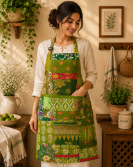 Vintage Kantha Patchwork Apron 1 Pc, Green Cotton Cooking Apron, Handmade Boho Kitchen Apron, Recycled Sari Garden Apron with Pocket