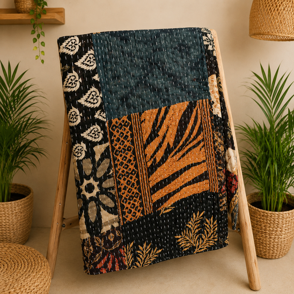 Vintage Kantha Patchwork Quilt, Black Boho Indian Sari Throw, Handmade Reversible Cotton Bedspread, Rustic Home Decor Blanket