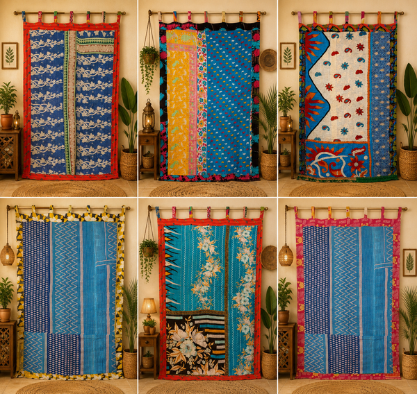 Light Blue Kantha Patchwork Curtain, Vintage Recycled Sari Door Curtain, Handmade Boho Window Panel, Colorful Indian Cotton Tapestry Decor