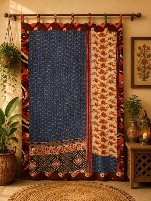 Indian Handmade Kantha Quilted 100% Cotton Fusion Blue Curtain