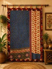 Indian Handmade Kantha Quilted 100% Cotton Fusion Blue Curtain