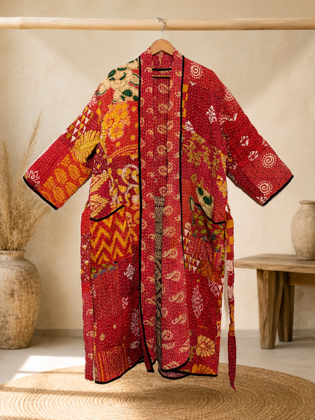 Indian Vintage Kantha Cotton Red Patchwork Kimono Long Robe