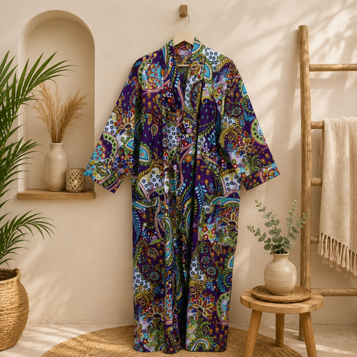Handmade Purple Cotton Kimono Robe for Women | Boho Paisley Floral Long Cardigan | Lightweight Beach Cover Up | Resort Wear