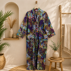 Handmade Purple Cotton Kimono Robe for Women | Boho Paisley Floral Long Cardigan | Lightweight Beach Cover Up | Resort Wear
