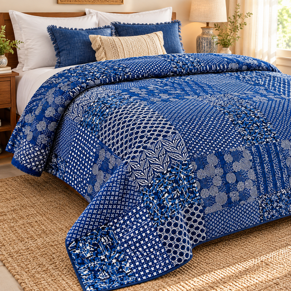 Indian Handmade Blue Indigo Vintage Kantha Queen Size Quilt
