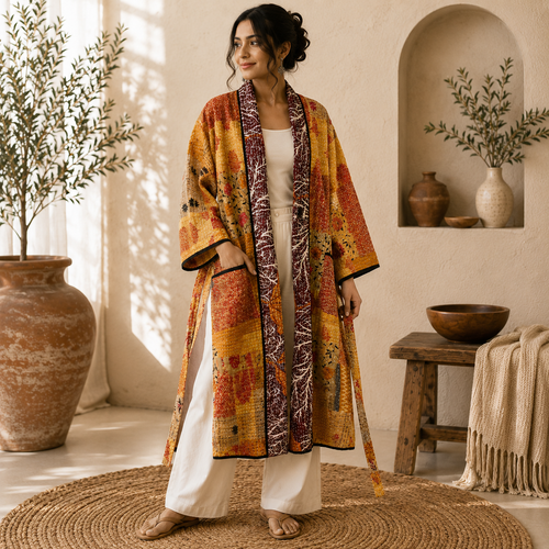 Patchwork Bath Robe | Vintage Kantha Cotton Kimono | Cotton Robe | Night Wear Suit | Long Cotton Robe (13 Colour Option Available)