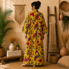 Women's Cotton Yellow Floral Bird Print Long Kimono Robe | Boho Open Front Lightweight Cardigan with Pockets