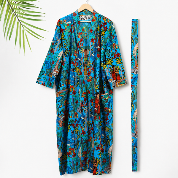 100% Cotton Long Kimono Robe Women Print Blue Dressing Gown