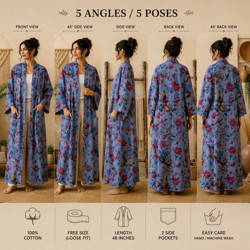 Women's Cotton Bird & Floral Print Long Kimono Robe | Boho Lightweight Open Front Duster Cardigan with Pockets
