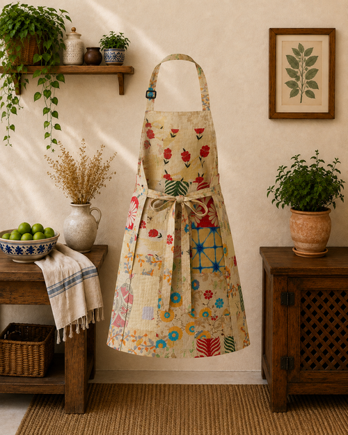 Vintage Kantha Patchwork Apron 1 Pc, Handmade Cotton Cooking Apron, Boho Indian Kitchen Apron, Recycled Sari Adjustable Apron with Pocket