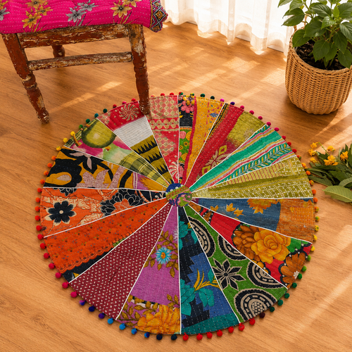 Round Kantha Patchwork Floor Mat – Handmade Vintage Cotton Boho Rug with Pom Pom Trim, Colorful Indian Meditation Mat & Nursery Decor