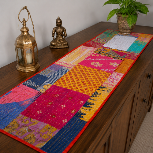 Vintage Kantha Patchwork Table Runner – Handmade Quilted Cotton Dining Table Decor