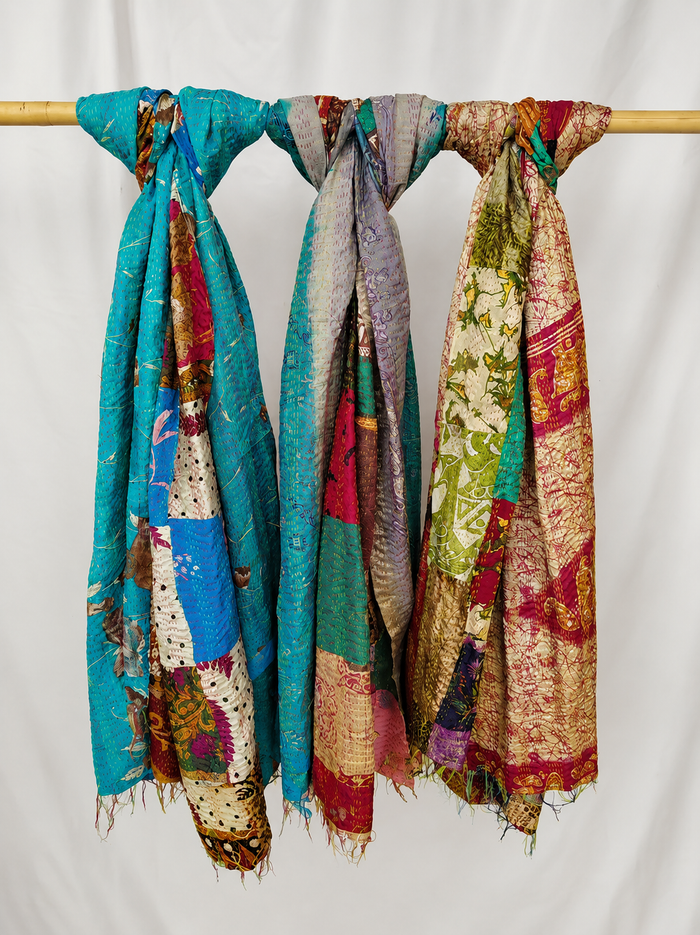 Set Of 5 Multicolor Vintage Patchwork Kantha Silk Scarves