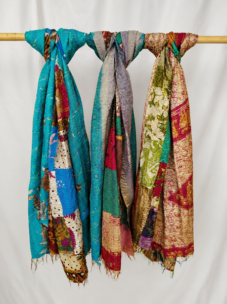 Set Of 5 Multicolor Vintage Patchwork Kantha Silk Scarves