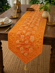 Handmade Silk Table Runner | Orange Floral Silk Table Runner with Tassel | Luxury Dining Table Decor | Indian Wedding Table Linen