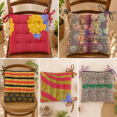 Vintage Kantha Chair Pad with Ties 5 Pcs, Handmade Cotton Patchwork Seat Cushion, Boho Dining Chair Pad, Recycled Sari Floor Cushion