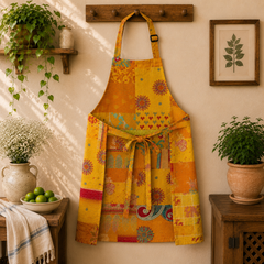 Vintage Kantha Patchwork Apron 1 Pc, Yellow Cotton Cooking Apron, Handmade Indian Boho Kitchen Apron, Recycled Sari Apron with Pocket