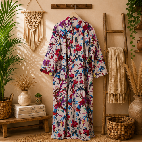 Women's Cream Cotton Bird & Floral Print Long Kimono Robe | Boho Lightweight Open Front Duster Cardigan with Belt & Pockets