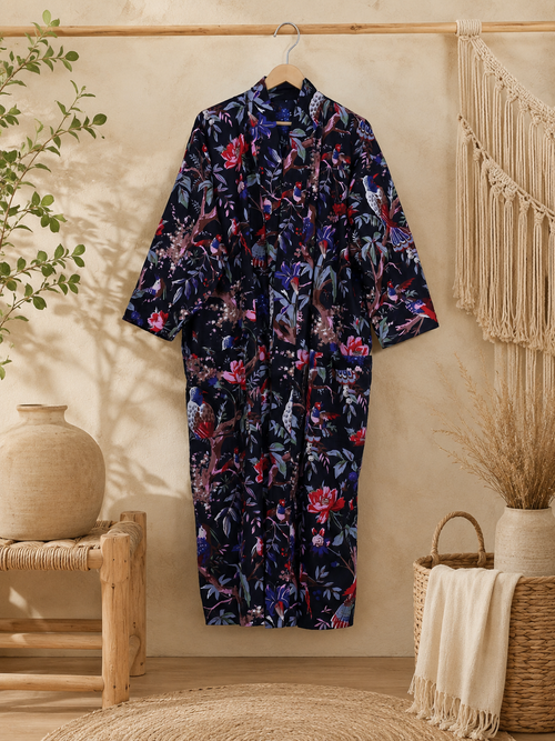 Boho Floral Cotton Kimono Cardigan for Women | Long Open Front Lightweight Robe with Pockets