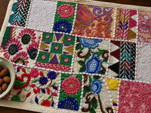 Handmade Embroidered Patchwork Placemat – Vintage Boho Table Mat with Artisan Textile Embroidery Set 4 Pcs
