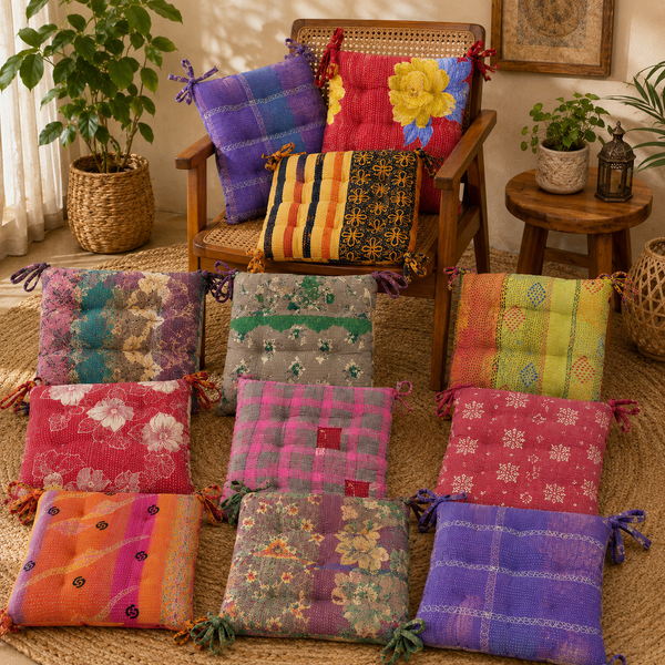 Vintage Kantha Chair Pad – Handmade Cotton Patchwork Seat Cushion with Ties 5 Pcs, Boho Dining Chair Cushion, Recycled Sari Chair Pad