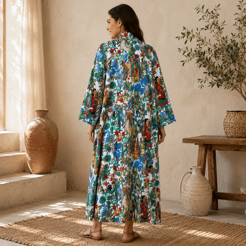 Handmade Cotton Kimono Robe for Women | White Floral Boho Long Kimono | Lightweight Cotton Beach Cover Up | Free Size