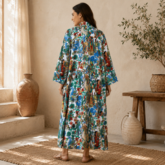 Handmade Cotton Kimono Robe for Women | White Floral Boho Long Kimono | Lightweight Cotton Beach Cover Up | Free Size