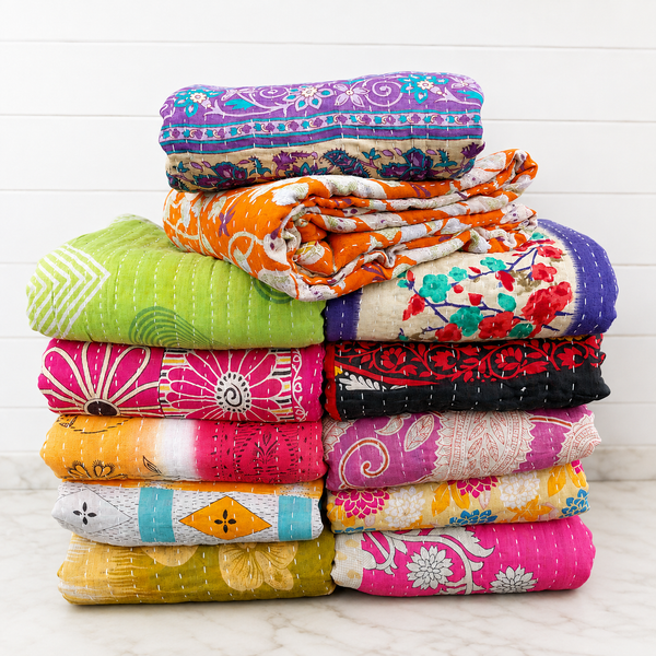 Vintage Kantha Quilt Handmade Indian Cotton Throw, Colorful Boho Patchwork Bedspread, Reversible Sari Blanket, Mixed Assorted Kantha