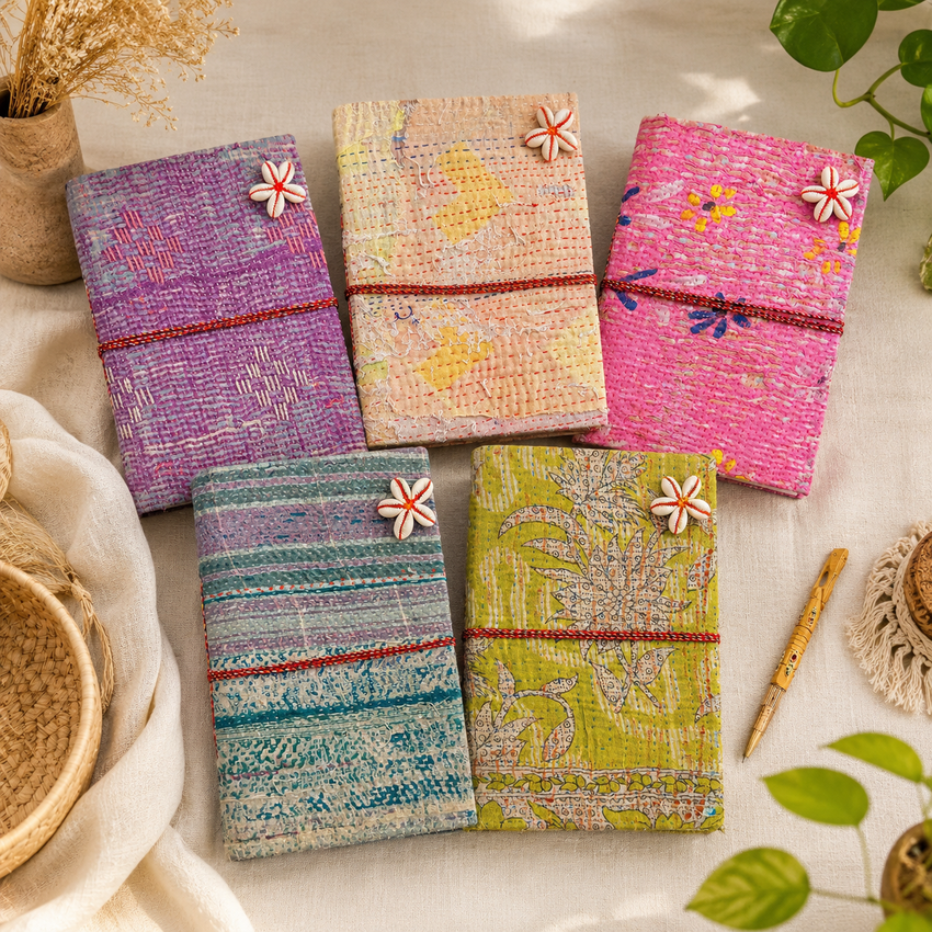 Vintage Kantha Journal Handmade Fabric Diary, Recycled Sari Notebook 5 Pcs, Boho Travel Journal, Indian Textile Diary, Unique Handmade Gift